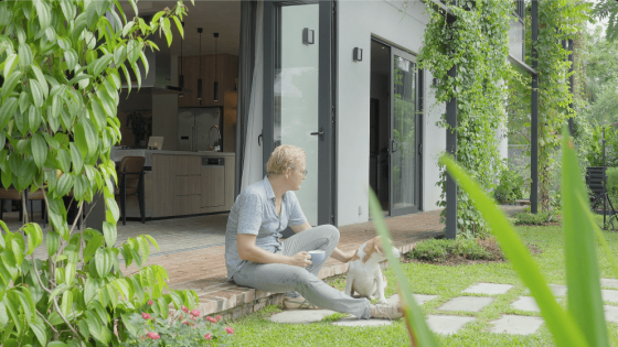 garden house man with pet dog green house garden