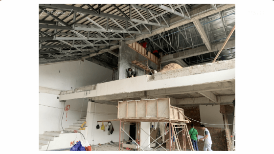Before construction During renovation work steel beams exposed ceiling