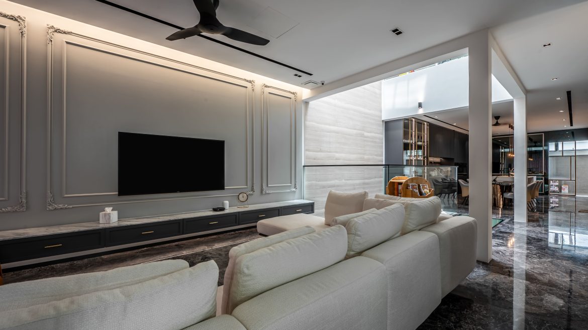 Living room Luxury style White sofa Open plan living and kitchen interior design