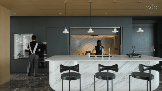 S/LAB 10 condominium modern luxury artistic art creative ventilation interior design decoration art decor high rise property dry kitchen kitchen living room counter island marble island invisible kitchen