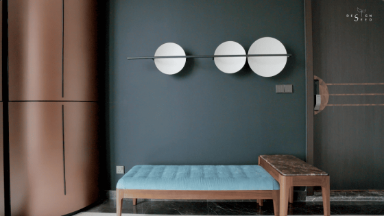 S/LAB 10 condominium modern luxury artistic art creative ventilation interior design decoration art decor high rise property foyer entrance artwork wood blue dark colours rounded cabinet cabinets shoe cabinets private foyer