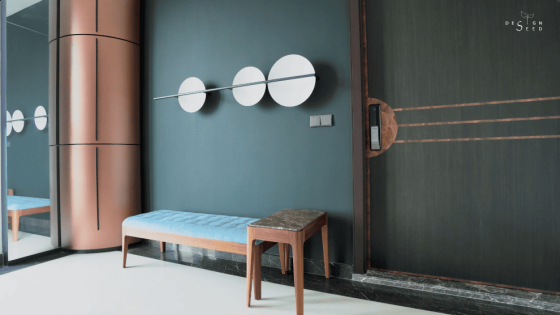 S/LAB 10 condominium modern luxury artistic art creative ventilation interior design decoration art decor high rise property foyer entrance artwork wood blue dark colours rounded cabinet cabinets shoe cabinets private foyer