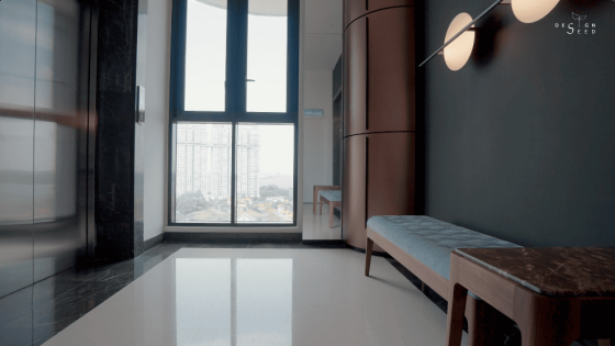 S/LAB 10 condominium modern luxury artistic art creative ventilation interior design decoration art decor high rise property foyer entrance artwork wood blue dark colours rounded cabinet cabinets shoe cabinets private foyer