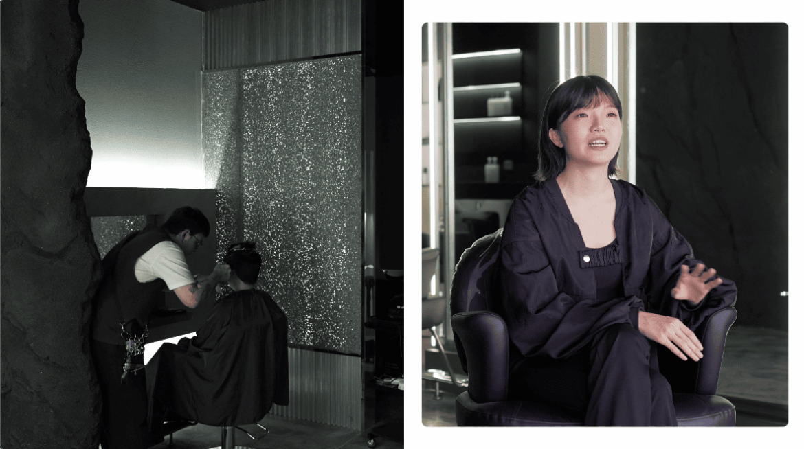 her maison homme hair salon salon salon design commercial spaces hairdresser hairdressing stephy yiwen design seed Alex Lee cave cave design cave walls wall treatments wall designs unique walls interior design interior spaces architecture carpentry curves textured wall masculine feminine contrasting