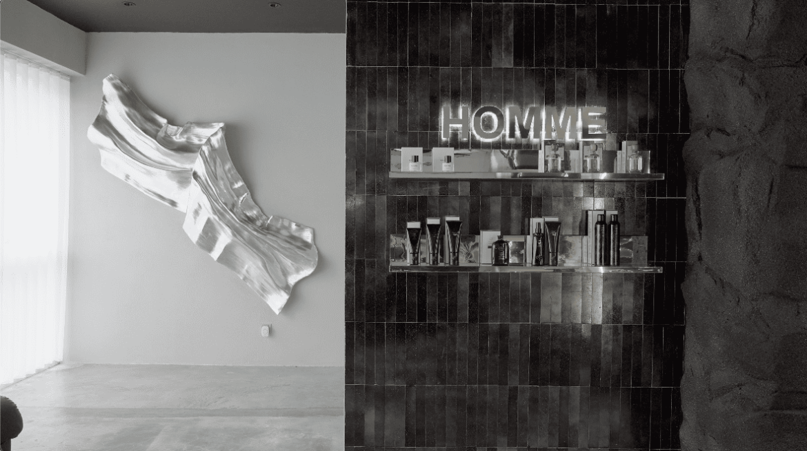 her maison homme hair salon salon salon design commercial spaces hairdresser hairdressing stephy yiwen design seed Alex Lee cave cave design cave walls wall treatments wall designs unique walls interior design interior spaces architecture carpentry curves textured wall masculine feminine contrasting