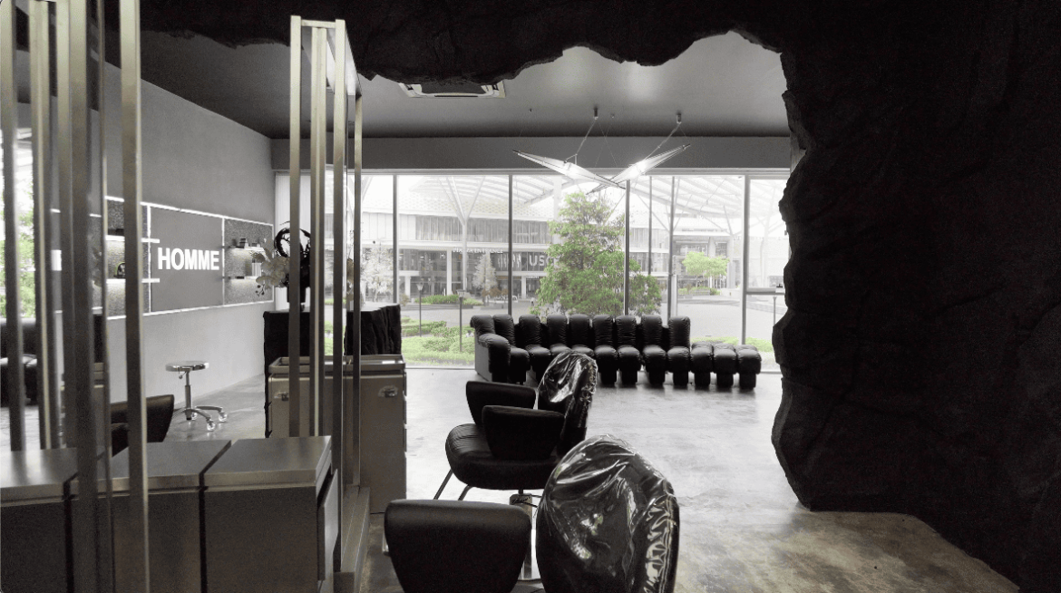 her maison homme hair salon salon salon design commercial spaces hairdresser hairdressing stephy yiwen design seed Alex Lee cave cave design cave walls wall treatments wall designs unique walls interior design interior spaces architecture carpentry curves textured wall masculine feminine contrasting