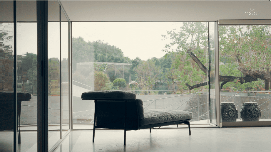 brutalist home china guangdong interior design office forest greenery glass box nature river design environments healing brutalist rough surfaces textures volume light xixi design consulting driveway pond renovation transformation basement living area slanted ceiling angular ceiling incense room driveway landscape fireplace cantilevered staircase chinese chinese designs window meditation room narrow staircase natural light ventilation sunroom alex lee design seed house home house tour family home