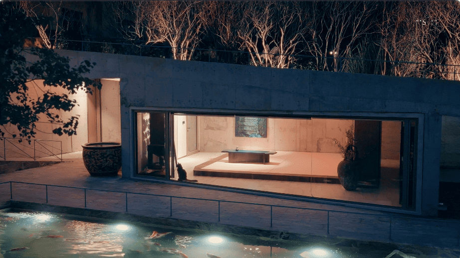 brutalist home china guangdong interior design office forest greenery glass box nature river design environments healing brutalist rough surfaces textures volume light xixi design consulting driveway pond renovation transformation basement living area slanted ceiling angular ceiling incense room driveway landscape fireplace cantilevered staircase chinese chinese designs window meditation room narrow staircase natural light ventilation sunroom alex lee design seed house home house tour family home