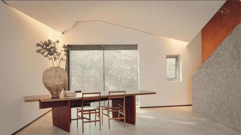 brutalist home china guangdong interior design office forest greenery glass box nature river design environments healing brutalist rough surfaces textures volume light xixi design consulting driveway pond renovation transformation basement living area slanted ceiling angular ceiling incense room driveway landscape fireplace cantilevered staircase chinese chinese designs window meditation room narrow staircase natural light ventilation sunroom alex lee design seed house home house tour family home