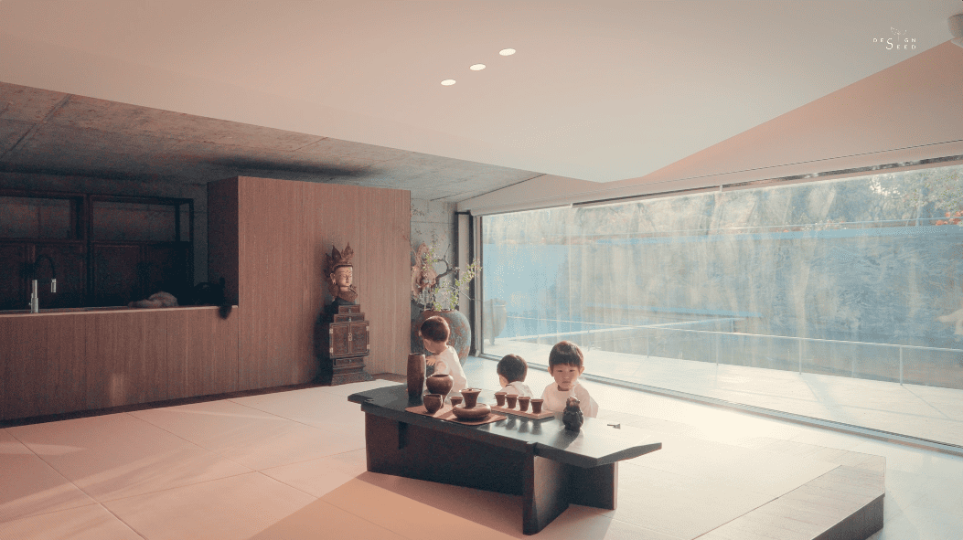 brutalist home china guangdong interior design office forest greenery glass box nature river design environments healing brutalist rough surfaces textures volume light xixi design consulting driveway pond renovation transformation basement living area slanted ceiling angular ceiling incense room driveway landscape fireplace cantilevered staircase chinese chinese designs window meditation room narrow staircase natural light ventilation sunroom alex lee design seed house home house tour family home