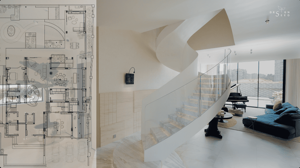 healing spaces homes house harmony design spilt contrasting different modern luxury interior design design seed Alex Lee China china design eastern style unique homes couple family homes entrance hallway piano area art art gallery open living area healthy homes natural organic soft curves rich colours warmth sculptural reception family music area photographic furniture skylights bright house artistic alfresco dining space dining area kitchen staircase home theater garden landscaping recessed lighting minimal cabinetry daylight light airy glass panels crystal column artwork public area Italian artist space hall living hall deep red timber flooring indoor trees bold playful chair neutral palette nook bedroom master bedroom reading corner study desk personal space forest green spiral staircase walk-in wardrobe master bedroom slanted ceiling combination merging styles architecture home tours house tours architect design house ideas inspo inspiration home tour renovation ideas elegant homes ideas stunning houses beautiful house design carenessland CDA China Design awards