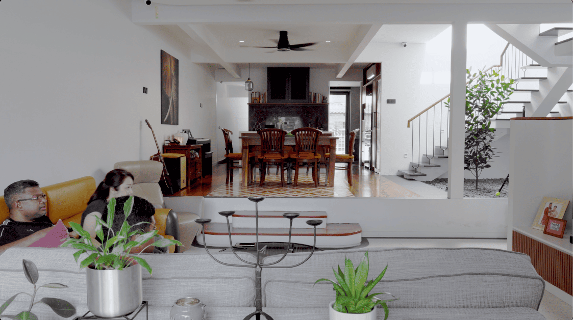 terrace house transformation design seed alex lee design interior design architecture architect Malaysia Malaysian houses terrace houses homes house tour family home winston paperspace two storey design kokun house project traffic privacy quiet highway wall noise barrier lifestyle old house renovation inspo ideas small home antique furniture laundry open plan diversity mixed family hidden room skylight louvre staircase light natural light daylight rooms study area master bedroom plants trees landscaping personal garden courtyard swimming pool tiles reflection calm resort feel facade curves kokun organic form concrete grasscrete sun direction grass terazzo red peranakan tiles floor plans layout unique stunning beautiful home modern homes challenges property