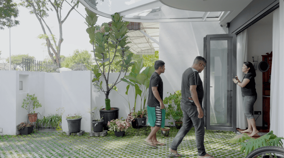 terrace house transformation design seed alex lee design interior design architecture architect Malaysia Malaysian houses terrace houses homes house tour family home winston paperspace two storey design kokun house project traffic privacy quiet highway wall noise barrier lifestyle old house renovation inspo ideas small home antique furniture laundry open plan diversity mixed family hidden room skylight louvre staircase light natural light daylight rooms study area master bedroom plants trees landscaping personal garden courtyard swimming pool tiles reflection calm resort feel facade curves kokun organic form concrete grasscrete sun direction grass terazzo red peranakan tiles floor plans layout unique stunning beautiful home modern homes challenges property