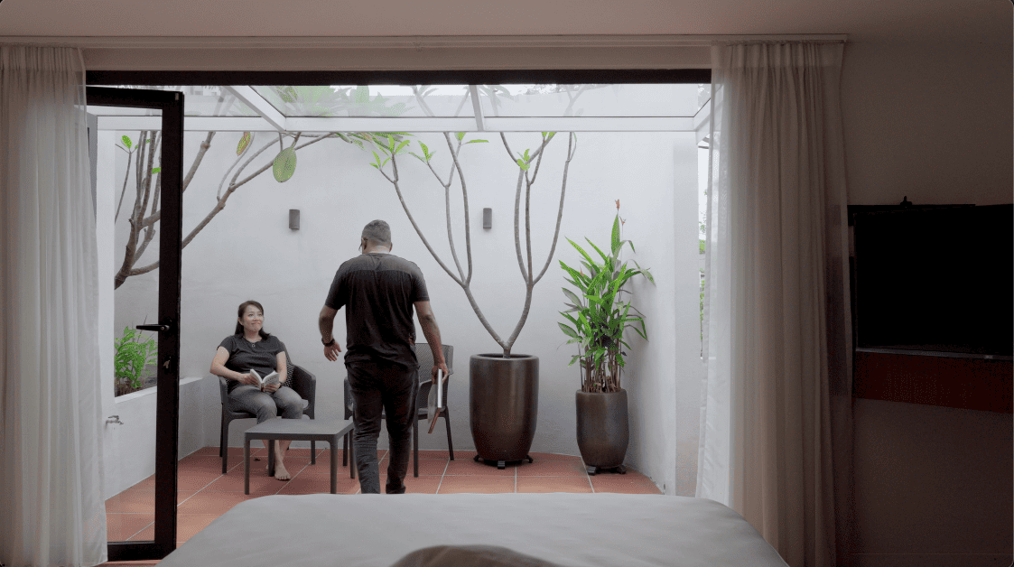 terrace house transformation design seed alex lee design interior design architecture architect Malaysia Malaysian houses terrace houses homes house tour family home winston paperspace two storey design kokun house project traffic privacy quiet highway wall noise barrier lifestyle old house renovation inspo ideas small home antique furniture laundry open plan diversity mixed family hidden room skylight louvre staircase light natural light daylight rooms study area master bedroom plants trees landscaping personal garden courtyard swimming pool tiles reflection calm resort feel facade curves kokun organic form concrete grasscrete sun direction grass terazzo red peranakan tiles floor plans layout unique stunning beautiful home modern homes challenges property