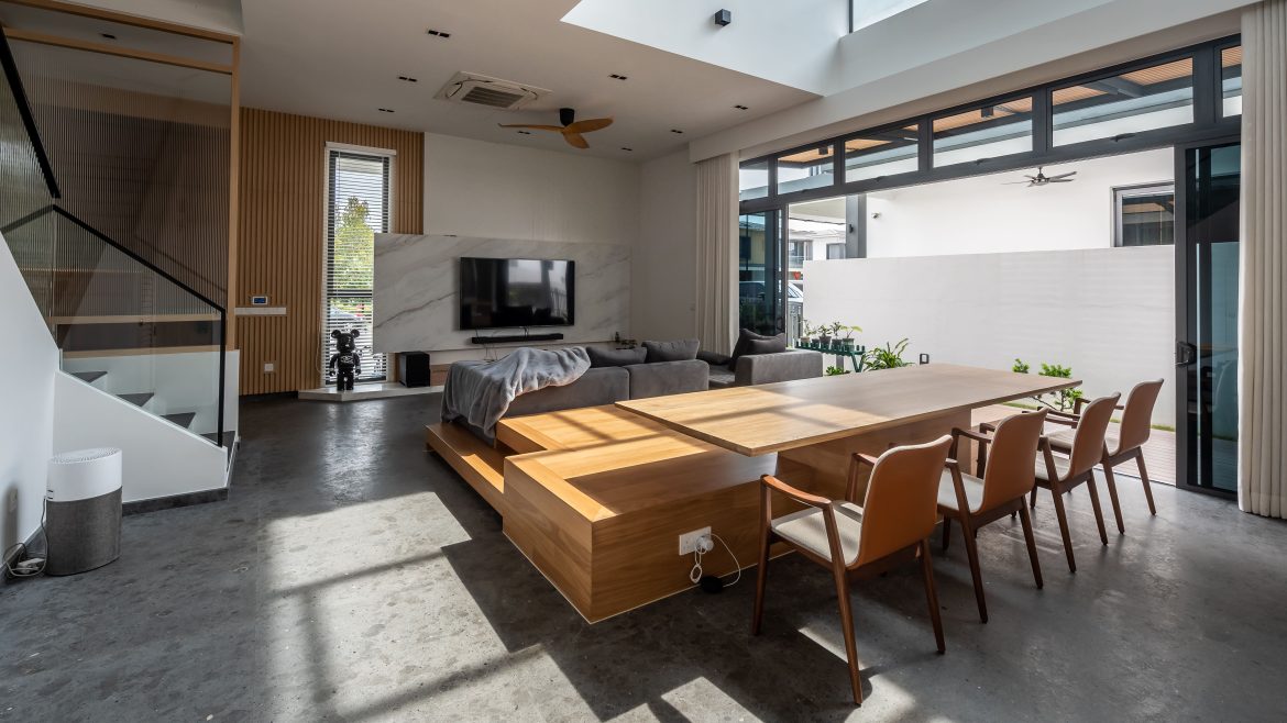 japan japanese japandi minimalist luxury house home family Nu Infinity Design seed Alex Lee interior design architecture house tour bungalow design garden greens greenery living room kitchen open plan open plan living and dining double volume smart home technology contemporary modern family kids friendly development malaysia design wooden wood platform multifunctional furniture bench table dining table entrance first floor study workspace kids