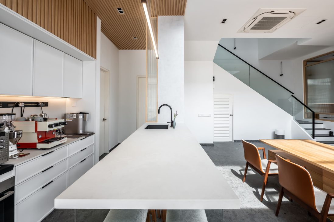 japan japanese japandi minimalist luxury house home family Nu Infinity Design seed Alex Lee interior design architecture house tour bungalow design garden greens greenery living room kitchen open plan open plan living and dining double volume smart home technology contemporary modern family kids friendly development malaysia design wooden wood platform multifunctional furniture bench table dining table entrance first floor study workspace kids