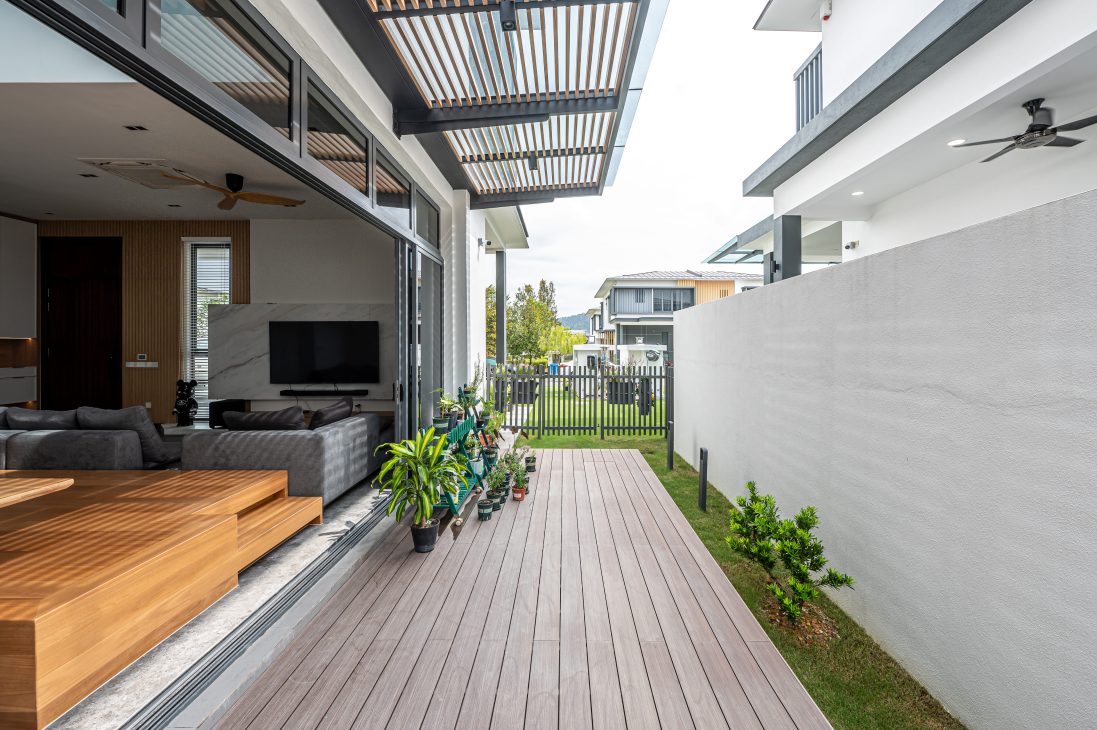 japan japanese japandi minimalist luxury house home family Nu Infinity Design seed Alex Lee interior design architecture house tour bungalow design garden greens greenery living room kitchen open plan open plan living and dining double volume smart home technology contemporary modern family kids friendly development malaysia design wooden wood platform multifunctional furniture bench table dining table entrance first floor study workspace kids