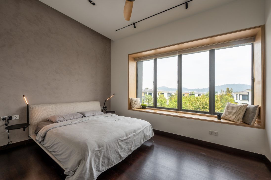 japan japanese japandi minimalist luxury house home family Nu Infinity Design seed Alex Lee interior design architecture house tour bungalow design garden greens greenery living room kitchen open plan open plan living and dining double volume smart home technology contemporary modern family kids friendly development malaysia design wooden wood platform multifunctional furniture bench table dining table entrance first floor study workspace kids