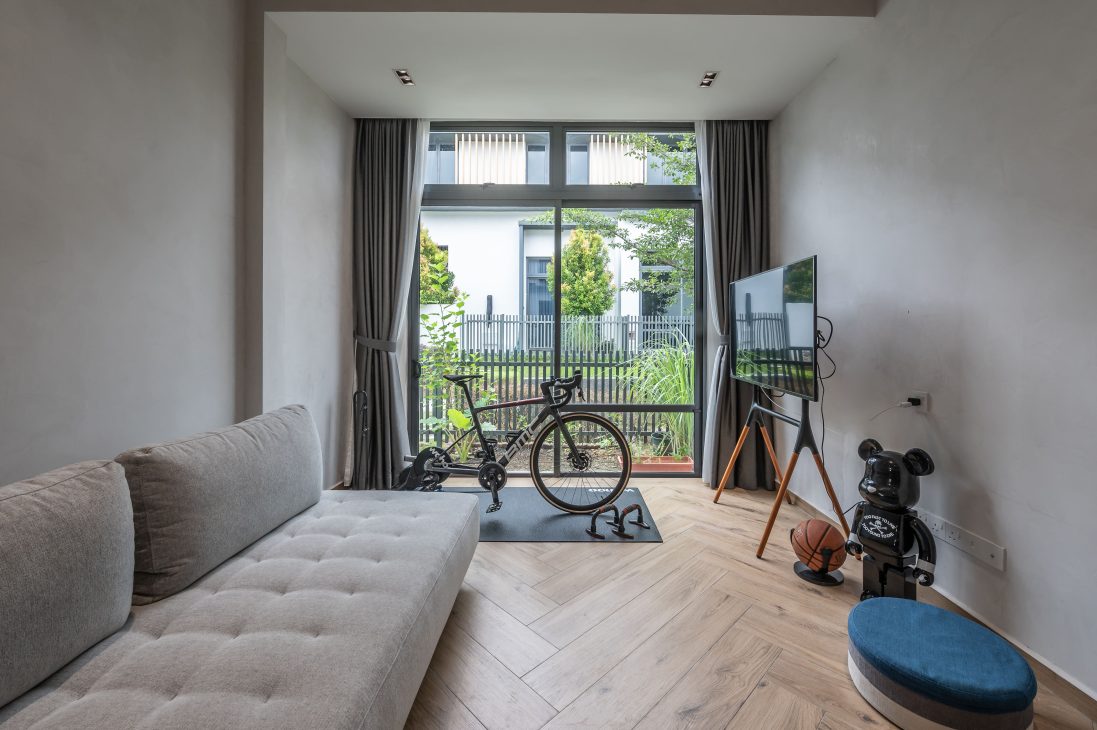 japan japanese japandi minimalist luxury house home family Nu Infinity Design seed Alex Lee interior design architecture house tour bungalow design garden greens greenery living room kitchen open plan open plan living and dining double volume smart home technology contemporary modern family kids friendly development malaysia design wooden wood platform multifunctional furniture bench table dining table entrance first floor study workspace kids