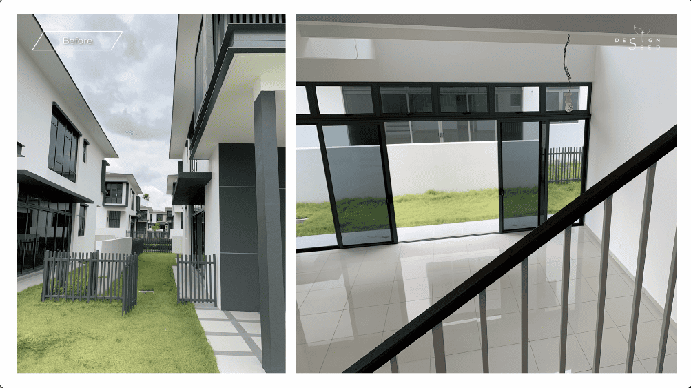 japan japanese japandi minimalist luxury house home family Nu Infinity Design seed Alex Lee interior design architecture house tour bungalow design garden greens greenery living room kitchen open plan open plan living and dining double volume smart home technology contemporary modern family kids friendly development malaysia design wooden wood platform multifunctional furniture bench table dining table entrance first floor study workspace kids