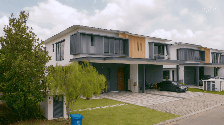 japan japanese japandi minimalist luxury house home family Nu Infinity Design seed Alex Lee interior design architecture house tour bungalow design garden greens greenery living room kitchen open plan open plan living and dining double volume smart home technology contemporary modern family kids friendly development malaysia design wooden wood platform multifunctional furniture bench table dining table entrance first floor study workspace kids