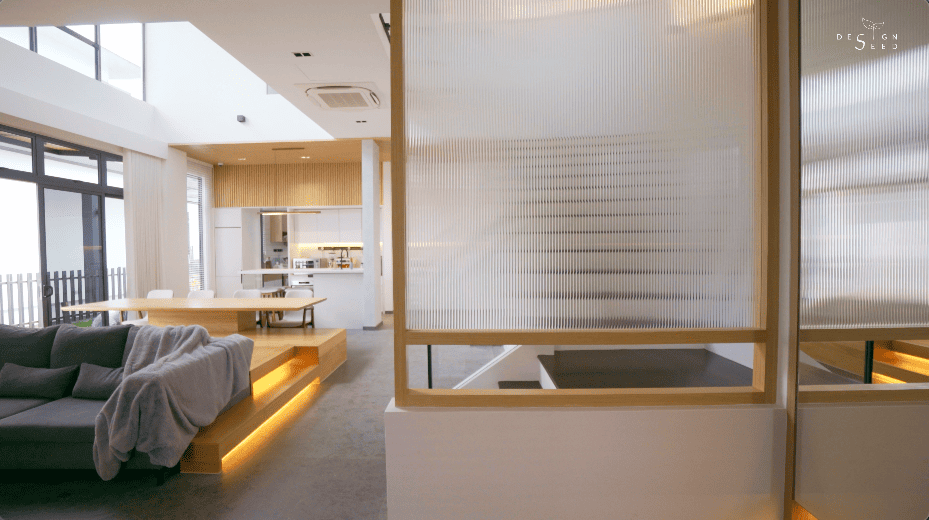 japan japanese japandi minimalist luxury house home family Nu Infinity Design seed Alex Lee interior design architecture house tour bungalow design garden greens greenery living room kitchen open plan open plan living and dining double volume smart home technology contemporary modern family kids friendly development malaysia design wooden wood platform multifunctional furniture bench table dining table entrance first floor study workspace kids