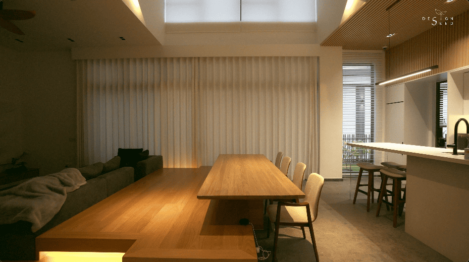 japan japanese japandi minimalist luxury house home family Nu Infinity Design seed Alex Lee interior design architecture house tour bungalow design garden greens greenery living room kitchen open plan open plan living and dining double volume smart home technology contemporary modern family kids friendly development malaysia design wooden wood platform multifunctional furniture bench table dining table entrance first floor study workspace kids