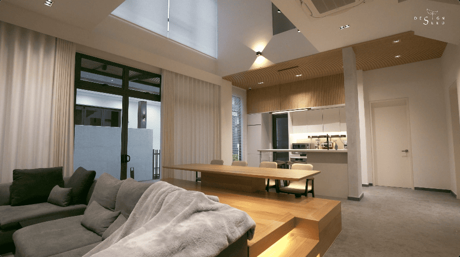 japan japanese japandi minimalist luxury house home family Nu Infinity Design seed Alex Lee interior design architecture house tour bungalow design garden greens greenery living room kitchen open plan open plan living and dining double volume smart home technology contemporary modern family kids friendly development malaysia design wooden wood platform multifunctional furniture bench table dining table entrance first floor study workspace kids