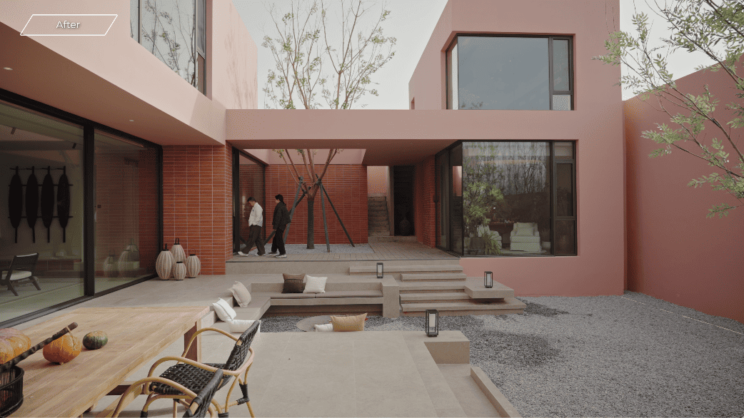 pink house country countryside mansion villa design interior design home family design seed alex lee china carenessland courtyard nature garden greenery WJID design china chinese design holiday retirement luxury modern brutalist red pink terracotta rural outdoors living room bedroom views windows