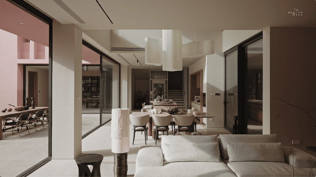 pink house country countryside mansion villa design interior design home family design seed alex lee china carenessland courtyard nature garden greenery WJID design china chinese design holiday retirement luxury modern brutalist red pink terracotta rural outdoors living room bedroom views windows