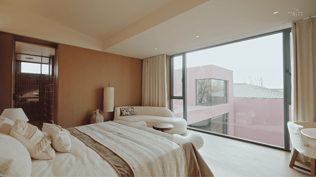 pink house country countryside mansion villa design interior design home family design seed alex lee china carenessland courtyard nature garden greenery WJID design china chinese design holiday retirement luxury modern brutalist red pink terracotta rural outdoors living room bedroom views windows