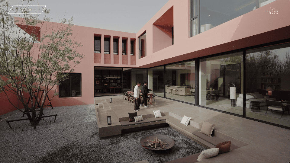 pink house country countryside mansion villa design interior design home family design seed alex lee china carenessland courtyard nature garden greenery WJID design china chinese design holiday retirement luxury modern brutalist red pink terracotta rural outdoors living room bedroom views windows