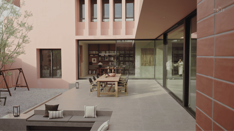 pink house country countryside mansion villa design interior design home family design seed alex lee china carenessland courtyard nature garden greenery WJID design china chinese design holiday retirement luxury modern brutalist red pink terracotta rural outdoors living room bedroom views windows
