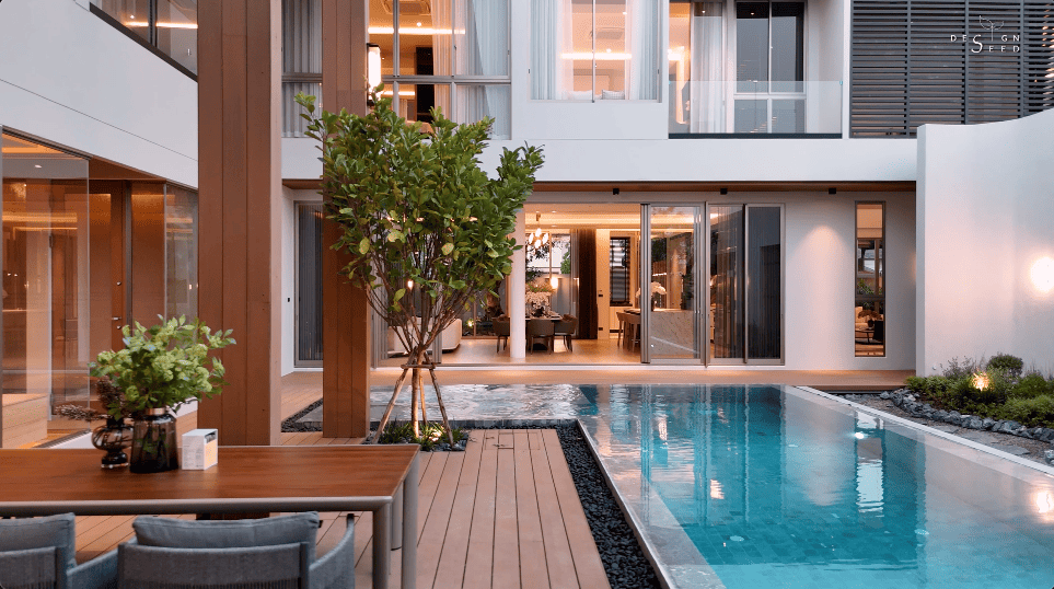 interior design house home chiang mai thailand aurum development holiday villa wellness relax calm serene peace bungalow family vacation view beautiful bedroom kitchen pool swimming tea room japanese courtyard sauna steam room dining cross ventilation design seed alex lee