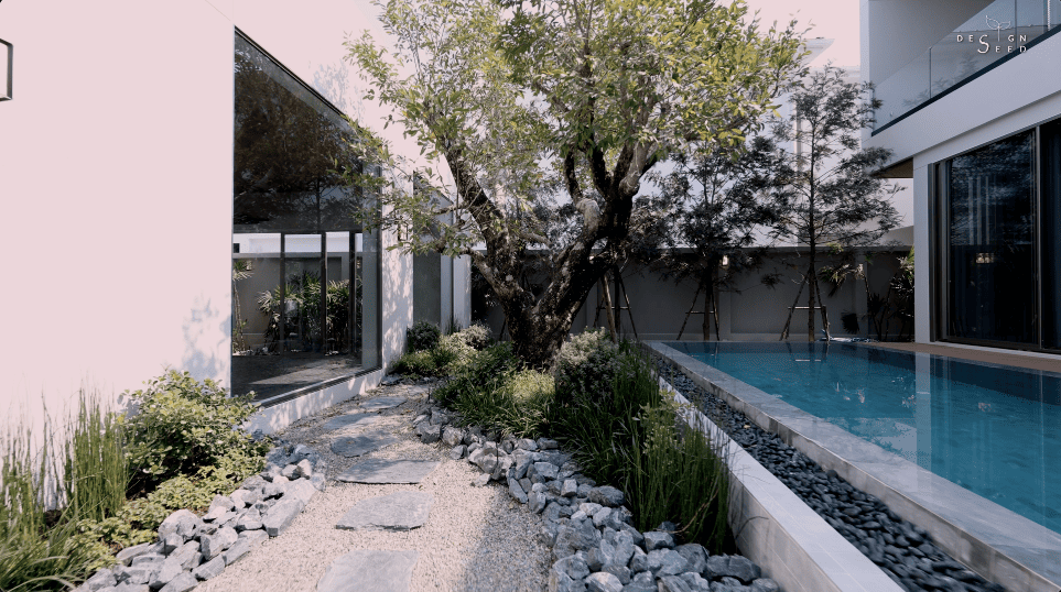 interior design house home chiang mai thailand aurum development holiday villa wellness relax calm serene peace bungalow family vacation view beautiful bedroom kitchen pool swimming tea room japanese courtyard sauna steam room dining cross ventilation design seed alex lee