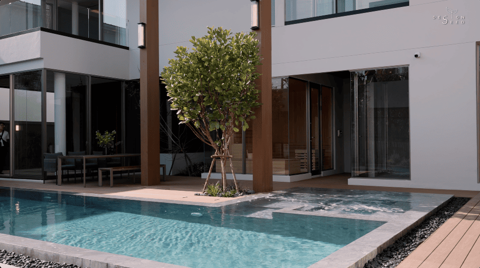 interior design house home chiang mai thailand aurum development holiday villa wellness relax calm serene peace bungalow family vacation view beautiful bedroom kitchen pool swimming tea room japanese courtyard sauna steam room dining cross ventilation design seed alex lee