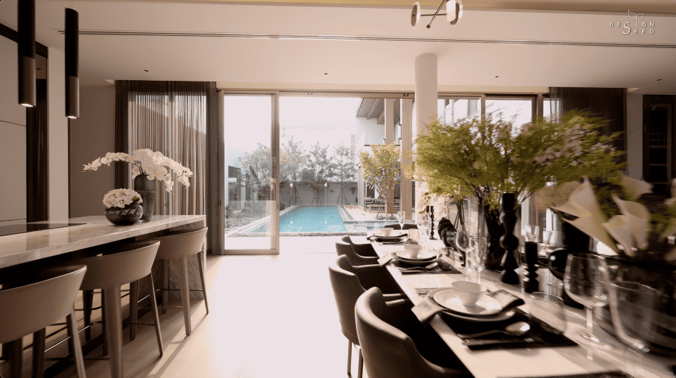 interior design house home chiang mai thailand aurum development holiday villa wellness relax calm serene peace bungalow family vacation view beautiful bedroom kitchen pool swimming tea room japanese courtyard sauna steam room dining cross ventilation design seed alex lee