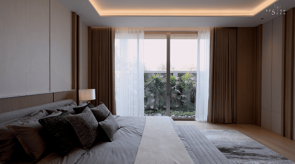 interior design house home chiang mai thailand aurum development holiday villa wellness relax calm serene peace bungalow family vacation view beautiful bedroom kitchen pool swimming tea room japanese courtyard sauna steam room dining cross ventilation design seed alex lee