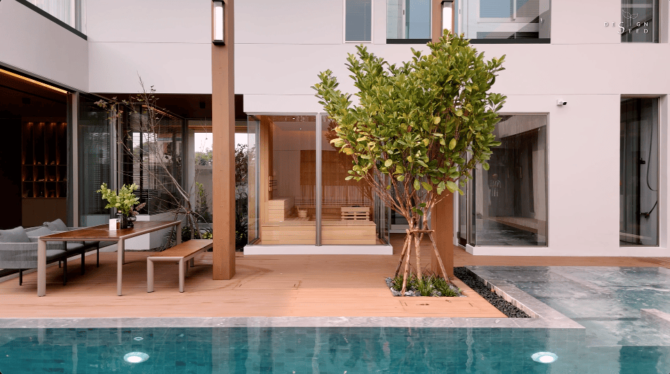 interior design house home chiang mai thailand aurum development holiday villa wellness relax calm serene peace bungalow family vacation view beautiful bedroom kitchen pool swimming tea room japanese courtyard sauna steam room dining cross ventilation design seed alex lee